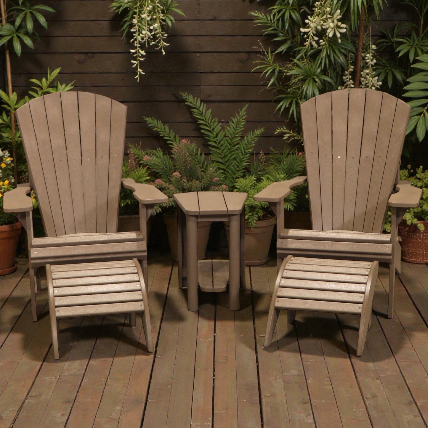 CRPlastics C03 Upright Adirondack Chair Pair with F01 Footstools and T03 Addy Side Table